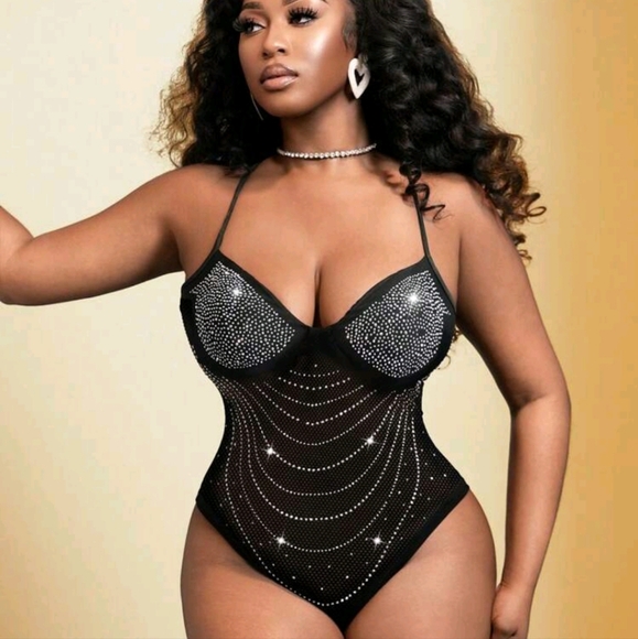 Women's Fashion Sexy Black Glitter Diamond Mesh See-Through Bodysuit, Party Nigh - Picture 4 of 4